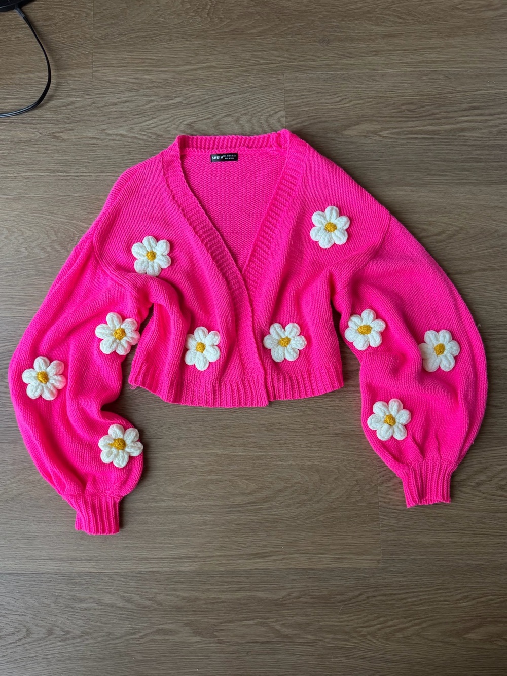 Hot Pink Cropped Cardigan with White Daisy Appliqués